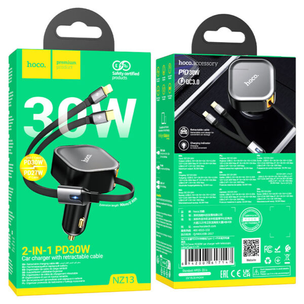 NZ13 Clever PD30W car charger with telescopic cable(Type-C+iP)