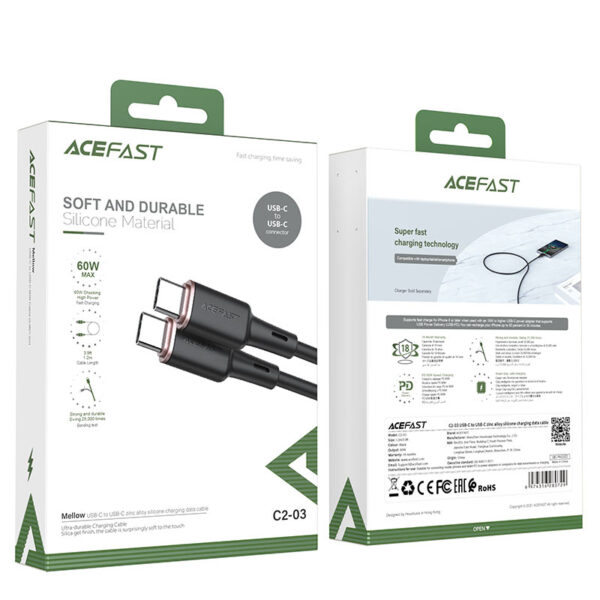 ACEFAST C2-03 USB-C TO USB-C ZINC ALLOY SILICONE CHARGING DATA CABLE BLACK - Image 3