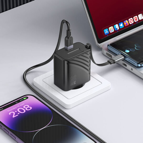 HOCO N58 FULL PD30W(2C) CHARGER WITH RETRACTABLE CABLE (EU) BLACK - Image 4