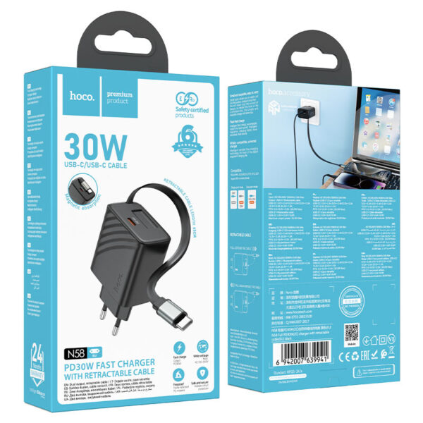 HOCO N58 FULL PD30W(2C) CHARGER WITH RETRACTABLE CABLE (EU) BLACK