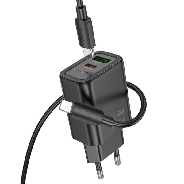 HOCO N63 GENTLE PD20W+QC3.0 CHARGER SET (C TO IP)(EU) BLACK - Image 2